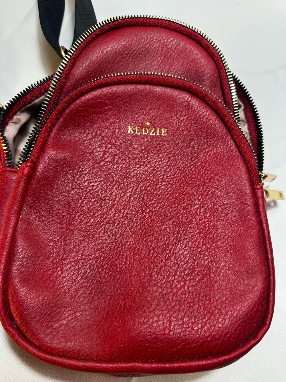 T547. Kedzie Red Vegan Leather Mini Convertible Backpack Crossbody Gold Hardware